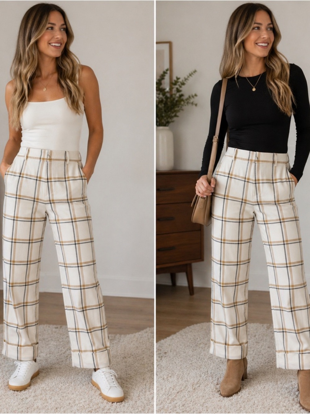 Zara Cream Plaid Wide Leg Pants